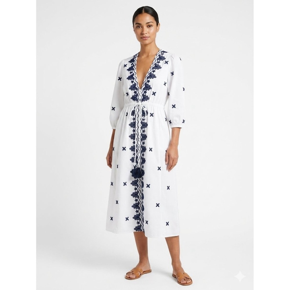 Wayward Fancies Eshakti White Blue Embroidered Cotton Midi Dress Boho Cottage